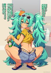 1girl aqua_eyes aqua_hair ass back bikini blue_bikini blue_shoes blue_shorts brazilian_miku butt_crack can crop_top dark-skinned_female dark_skin eyewear_on_head flower hair_flower hair_ornament hatsune_miku holding holding_can jewelry long_hair sandals shirt shorts solo squatting sunglasses swimsuit tan tanline teeth torinokawori translation_request twintails vocaloid whale_tail_(clothing) yellow_shirt