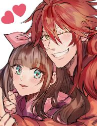 Rule 34 | 1boy, 1girl, :d, blue eyes, blush, bow, brown hair, cardia beckford, code:realize, green eyes, grin, heart, hetero, highres, impey barbicane, kash-phia, long hair, one eye closed, open mouth, pink bow, red hair, simple background, smile, upper body
