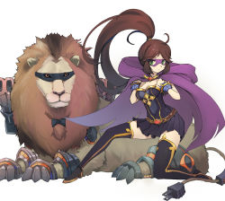 Rule 34 | 1girl, animal, armor, belt, black skirt, black thighhighs, bow, bowtie, breasts, brooch, brown hair, btraphen, cape, cleavage, domino mask, full body, gem, green eyes, high heels, jewelry, lion, long hair, looking at viewer, mask, on one knee, original, pleated skirt, ponytail, simple background, skirt, strapless, thighhighs, very long hair, white background, zettai ryouiki
