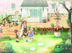Rule 34 | 1boy, 4girls, bad id, bad pixiv id, black footwear, blue dress, boots, brown dress, brown eyes, brown footwear, brown hair, brown shorts, chair, child, closed eyes, closed mouth, commentary request, cross, cross necklace, day, door, dress, flower, full body, garden, grass, green dress, green hair, green shirt, hair between eyes, headdress, hizukiryou, jewelry, long hair, looking at another, looking down, multiple girls, necklace, open mouth, orange flower, original, outdoors, pink flower, pink hair, plant, porch, potted plant, puffy short sleeves, puffy sleeves, red eyes, red flower, shirt, short hair, short sleeves, shorts, sitting, smile, socks, standing, stepping stones, table, tree, twintails, water, watering can, white dress, white shirt, wooden floor, yellow flower