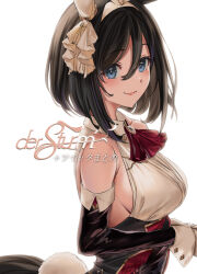 Rule 34 | 1girl, animal ears, ascot, bare shoulders, black hair, blue eyes, breasts, closed mouth, comiket 102, cover, cover page, detached sleeves, ear scrunchie, eishin flash (umamusume), from side, hair between eyes, hairband, horse ears, horse girl, horse tail, large breasts, looking at viewer, looking to the side, medium hair, red ascot, sideboob, simple background, smile, solo, tail, umamusume, white background, white hairband, youmou usagi