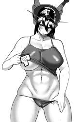 Rule 34 | 10s, 1girl, :&lt;, abs, bad id, bad pixiv id, blush, breasts, censored, censored nipples, clothes lift, curvy, greyscale, headgear, highres, kantai collection, large breasts, monochrome, nagato (kancolle), navel, panties, panty pull, shirt lift, skin tight, solo, spaghetti strap, sweat, synecdoche, thick thighs, thighs, toned, underboob, underwear