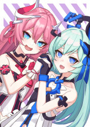 Rule 34 | 2girls, :d, absurdres, aqua hair, bare shoulders, black gloves, blue eyes, blush, bow, breasts, collarbone, commentary request, diagonal stripes, dress, erio dazima, fang, gloves, hair between eyes, hand up, highres, holding hands, honkai (series), honkai impact 3rd, horns, liliya olenyeva, long hair, looking at viewer, multiple girls, open mouth, pink hair, red bow, rozaliya olenyeva, short eyebrows, single horn, small breasts, smile, striped, striped background, striped bow, tail, thick eyebrows, very long hair, white dress, white gloves