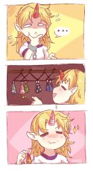 Rule 34 | ..., 1girl, 3koma, :&lt;, = =, artist name, blank eyes, blonde hair, blush, chain, closed mouth, comic, commentary, cuffs, english commentary, closed eyes, fang, fang out, flying sweatdrops, hand on own chin, highres, holding, horns, hoshiguma yuugi, indoors, long hair, oni, open mouth, pointy ears, shaded face, shirt, silent comic, single horn, sleep (isliping), smile, solo, sparkle, spoken ellipsis, star (symbol), thinking, touhou, v-shaped eyebrows