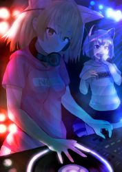 Rule 34 | 10s, 2girls, absurdres, alternate costume, ancolatte (onikuanco), animal ears, backlighting, bare arms, blonde hair, closed mouth, clothes writing, common raccoon (kemono friends), contemporary, dark, dj, fennec (kemono friends), fox ears, grey eyes, grey hair, highres, holding, holding microphone, hood, hood down, hoodie, kemono friends, looking to the side, microphone, multicolored hair, multiple girls, open mouth, orange eyes, phonograph, raccoon ears, raccoon tail, record, short hair, short sleeves, skirt, smile, stage lights, standing, tail, turntable, upper body, white hair