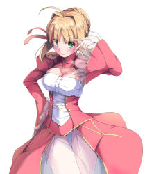 Rule 34 | 10s, 1girl, ahoge, arm up, blonde hair, blush, braid, breasts, center opening, cleavage, closed mouth, cowboy shot, dress, epaulettes, fate/extra, fate (series), french braid, green eyes, hair bun, hair intakes, hair ribbon, hand on own hip, juliet sleeves, large breasts, leotard, long sleeves, looking at viewer, maimu (gol-em-1226), nero claudius (fate), nero claudius (fate) (all), nero claudius (fate/extra), puffy sleeves, red dress, red ribbon, ribbon, see-through, short hair with long locks, sidelocks, simple background, single hair bun, smile, solo, v, white background, white leotard
