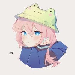 Rule 34 | 1girl, arknights, blue eyes, blue jacket, blue nails, blue poison (arknights), blush, bucket hat, closed mouth, commentary, cropped torso, green hat, grey background, hair between eyes, hands on own cheeks, hands on own face, hat, hood, hooded jacket, jacket, long hair, long sleeves, looking at viewer, low twintails, nail polish, pink hair, ruri (dailybloopy), simple background, sleeves past wrists, solo, twintails, upper body