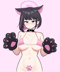Rule 34 | 1girl, alternate costume, animal ears, animal hands, belt collar, bikini, bikini top only, black hair, blue archive, blush, bottomless, breasts, cat ears, cocktiel77, collar, colored inner hair, extra ears, gloves, groin, hair ornament, hairclip, halo, kazusa (blue archive), large breasts, looking at viewer, multicolored hair, nose blush, paw gloves, paw tattoo, pink bikini, pink hair, pink halo, pubic tattoo, short hair, solo, swimsuit, tattoo, two-tone hair