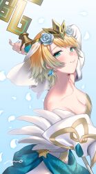 Rule 34 | 1girl, blonde hair, blue background, blue eyes, blue flower, blue rose, blue skirt, bob cut, breasts, bridal veil, cleavage, collarbone, commission, crown, detached sleeves, dress, earrings, falling petals, feather-trimmed sleeves, fire emblem, fjorm (bridal) (fire emblem), fjorm (fire emblem), flower, from side, glowing, glowing petals, gold trim, hair flower, hair ornament, highres, holding, holding weapon, jewelry, light smile, looking at viewer, makita (vector1525), medium breasts, nintendo, petals, rose, short hair, sidelocks, signature, single earring, skeb commission, skirt, solo, veil, weapon, wedding dress, white dress, white nails