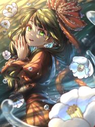 Rule 34 | 1girl, bow, dress, flower, frilled bow, frilled dress, frilled ribbon, frills, front ponytail, green eyes, green hair, hair bow, hair ribbon, highres, holding, holding flower, in water, kagiyama hina, looking at viewer, maruno, open mouth, puffy short sleeves, puffy sleeves, red bow, red dress, red ribbon, ribbon, short sleeves, smile, solo, touhou, twitter username, white flower