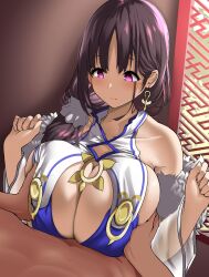 Rule 34 | 1boy, 1girl, akure ekuto, azur lane, black hair, breasts, cleavage, closed mouth, clothed female nude male, commentary request, commission, earrings, grabbing, grabbing another&#039;s breast, hetero, highres, huge breasts, indoors, jewelry, nude, paizuri, paizuri under clothes, pink eyes, pov, short hair, skeb commission, smile, solo focus, ting an (azur lane), variant set