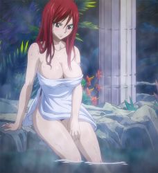 Rule 34 | 1girl, arm tattoo, bare arms, bare shoulders, bath, bathing, blush, breasts, cleavage, closed mouth, collarbone, erza scarlet, fairy tail, flower, hair between eyes, large breasts, long hair, looking down, naked towel, partially submerged, pillar, plant, red hair, rock, screencap, sitting, solo, steam, sweat, tattoo, towel, water, wet, wet hair, white towel