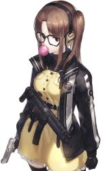 Rule 34 | 1girl, badge, belt, black gloves, black jacket, black thighhighs, breasts, brown eyes, brown hair, blowing bubbles, buttons, chewing gum, dress, glasses, gloves, gun, handgun, headphones, holding, holding gun, holding weapon, jacket, kfr, long hair, long sleeves, looking at viewer, medium breasts, military, open clothes, open jacket, original, pistol, simple background, solo, standing, submachine gun, thighhighs, two side up, weapon, white background, yellow dress