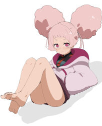 Rule 34 | 1girl, afro puffs, ass, barefoot, chuatury panlunch, closed mouth, commentary request, green jacket, grey jacket, gundam, gundam suisei no majo, hands in pockets, highres, hood, hood down, hooded jacket, jacket, long sleeves, looking at viewer, noa (nagareboshi), pink hair, puffy long sleeves, puffy sleeves, purple eyes, shadow, simple background, soles, solo, white background