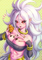 Rule 34 | 1girl, abs, android 21, baggy pants, bandeau, black nails, black sclera, blush, bracelet, breasts, chocolate, cleavage, collarbone, colored sclera, colored skin, commentary request, covered erect nipples, dessert, dragon ball, dragon ball fighterz, earrings, fangs, flipped hair, food, fujii eishun, highres, jewelry, large breasts, long hair, majin android 21, nail polish, navel, open mouth, pants, pink skin, red eyes, ring, solo, toned, white hair, white pants