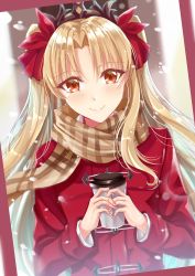 Rule 34 | 1girl, absurdres, blonde hair, blush, bow, brown eyes, brown scarf, coat, cup, diadem, ereshkigal (fate), fate/grand order, fate (series), floating hair, gu li, hair bow, highres, holding, holding cup, long hair, looking at viewer, red bow, red coat, scarf, smile, snowing, solo, twintails, upper body, very long hair, winter clothes, winter coat