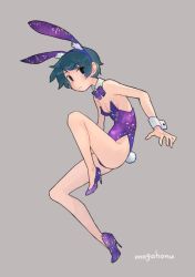 Rule 34 | 1girl, animal ears, artist name, blue eyes, bow, bowtie, breasts, detached collar, fake animal ears, full body, green hair, grey background, kantai collection, leotard, mogami (kancolle), mogamiya honu, playboy bunny, purple bow, purple bowtie, purple leotard, rabbit ears, rabbit tail, short hair, simple background, small breasts, solo, sparkle, strapless, strapless leotard, tail, wrist cuffs