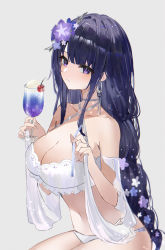 Rule 34 | 1girl, alternate costume, bikini, blunt bangs, braid, breasts, cherry, cleavage, closed mouth, cup, detached sleeves, drink, earrings, flower, food, from side, fruit, genshin impact, grey background, hair flower, hair ornament, highres, holding, holding cup, holding drink, holding straw, ice cream, ice cream float, jewelry, large breasts, looking at viewer, low-braided long hair, low-tied long hair, o-ring, o-ring bikini, purple eyes, purple hair, raiden shogun, raiya atelier, simple background, solo, swimsuit, white bikini