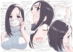 Rule 34 | 1girl, bare arms, black hair, blue eyes, blue sweater, breasts, closed eyes, commentary request, covered mouth, earrings, eyes visible through hair, hair behind ear, highres, jewelry, kuro (toi et moi), large breasts, long hair, looking at viewer, mask, mask pull, mole, mole under eye, mouth mask, multiple views, one eye closed, open mouth, original, ribbed sweater, simple background, sleeveless, sleeveless sweater, stud earrings, surgical mask, sweater, teeth, translation request, turtleneck, turtleneck sweater, white background