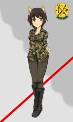 Rule 34 | 1girl, animal ears, arms behind back, bad id, bad pixiv id, black hair, black pantyhose, boots, brown eyes, camouflage, commentary request, cross-laced footwear, crotch seam, dakku (ogitsune), panties, panties under pantyhose, pantyhose, sleeves rolled up, solo, strike witches, strike witches 1991, tail, thighband pantyhose, underwear, uniform, world witches series