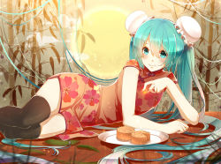 Rule 34 | 1girl, :t, aqua eyes, aqua hair, arm support, bad id, bad pixiv id, bamboo, china dress, chinese clothes, double bun, dress, eating, hatsune miku, long hair, lying, mooncake, on side, phino, plate, solo, thighhighs, twintails, very long hair, vocaloid