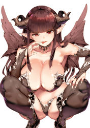 Rule 34 | 1girl, bare shoulders, blunt bangs, blush, breasts, bridal gauntlets, brown hair, brown thighhighs, cleavage, collarbone, commentary request, demon girl, demon horns, demon tail, demon wings, finger to mouth, horns, large breasts, long hair, looking at viewer, navel, original, pinky to mouth, pointy ears, red eyes, revealing clothes, saburou (hgmg), simple background, smile, solo, squatting, tail, thighhighs, tongue, tongue out, white background, wings