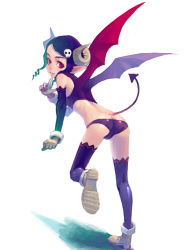 Rule 34 | 1girl, bat wings, demon girl, demon tail, horns, kneepits, simple background, single horn, solo, tail, thighhighs, weno, wings