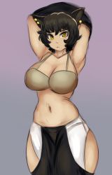 Rule 34 | 1girl, absurdres, animal ears, armpits, arms behind head, black hair, bra, breasts, cat ears, cat girl, cleavage, collarbone, curvy, highres, hip vent, kali belladonna, large breasts, looking at viewer, mature female, myblacksky, navel, no shirt, rwby, short hair, simple background, solo, stomach, thick thighs, thighs, underwear, undressing, wide hips, yellow eyes