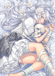 Rule 34 | 1girl, bandages, fingernails, flower, frills, grey eyes, hair spread out, hug, long fingernails, long hair, looking at viewer, lying, minami (minami373916), on side, original, petals, plaid, plaid skirt, silver hair, skeleton, skirt, suspender skirt, suspenders, tongue, tongue out, very long hair, white theme