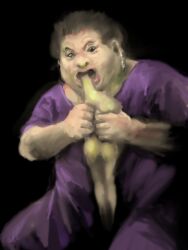 Rule 34 | 1boy, black background, brown hair, cannibalism, dark background, dress, earrings, eating, guro, highres, holding, jewelry, kawahagi modoki, matsuko deluxe, open mouth, purple dress, real life, saturn devouring his son, short hair, short sleeves, simple background, very short hair