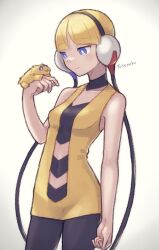 Rule 34 | 1girl, arms at sides, artist name, bare arms, bare shoulders, black pantyhose, blonde hair, blue eyes, blunt bangs, breasts, bug, collarbone, creatures (company), dress, elesa (pokemon), game freak, gen 5 pokemon, hand up, headphones, highres, joltik, midriff, nintendo, pantyhose, pokemon, pokemon (creature), pokemon bw, short dress, short hair, sleeveless, sleeveless dress, solo focus, spider, totennko, yellow dress
