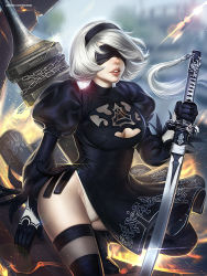 Rule 34 | 1girl, arm up, artist name, ayya sap, black blindfold, black dress, black footwear, black gloves, black hairband, black thighhighs, blindfold, boots, breasts, cleavage, cleavage cutout, clothing cutout, dress, gloves, hairband, hip focus, holding, holding sword, holding weapon, lens flare, lens flare abuse, leotard, long sleeves, md5 mismatch, medium breasts, nier (series), nier:automata, nose, on one knee, parted lips, patreon username, puffy sleeves, realistic, short hair, silver hair, solo, source name, sword, thigh boots, thighhighs, thighhighs under boots, watermark, weapon, web address, white leotard, 2b (nier:automata)