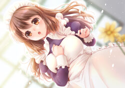 Rule 34 | 1girl, :o, apron, asahina mikuru, breasts, brown eyes, brown hair, commentary request, dress, flower, flower request, hand on own chest, highres, large breasts, len togarti, long hair, long sleeves, maid, maid apron, official alternate costume, open mouth, puffy long sleeves, puffy sleeves, purple dress, solo, suzumiya haruhi no yuuutsu, teeth, upper teeth only, white apron