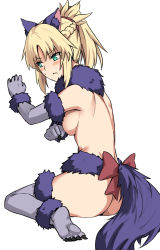 Rule 34 | 1girl, animal ears, aqua eyes, ass, blonde hair, blush, braid, breasts, cosplay, elbow gloves, fate/apocrypha, fate/grand order, fate (series), fur-trimmed gloves, fur-trimmed legwear, fur collar, fur trim, gloves, half updo, long hair, mash kyrielight, mash kyrielight (dangerous beast), mash kyrielight (dangerous beast) (cosplay), medium breasts, mordred (fate), mordred (fate/apocrypha), no bra, no panties, official alternate costume, parted bangs, ponytail, purple gloves, purple thighhighs, shiseki hirame, sideboob, sidelocks, sitting, solo, tail, thighhighs, thighs, wariza, wolf ears, wolf tail