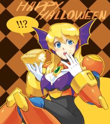 Rule 34 | !?, 1girl, alia (mega man), android, armor, bat wings, blonde hair, blue eyes, boots, breasts, capcom, ckotnha, cleavage, food, gem, halloween, happy halloween, knee boots, long hair, medium breasts, messy, open mouth, pie, robot, mega man (series), mega man x (series), sexually suggestive, solo, wings