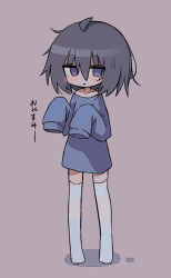 Rule 34 | 1girl, ahoge, blue shirt, blush, collarbone, full body, grey hair, hair between eyes, kanikan, long sleeves, looking at viewer, medium hair, off shoulder, original, oversized clothes, oversized shirt, parted lips, purple background, purple eyes, shirt, simple background, sleeves past fingers, sleeves past wrists, solo, standing, thighhighs, translated, white thighhighs, zettai ryouiki
