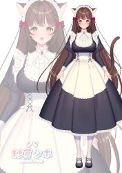 Rule 34 | 1girl, :d, animal ears, apron, artist name, black dress, black footwear, blush, bow, breasts, brown eyes, brown hair, cat ears, cat girl, cat tail, closed mouth, commentary request, copyright request, dress, frilled dress, frills, hair bow, highres, juliet sleeves, long hair, long sleeves, maid, maid headdress, mary janes, medium breasts, multiple views, open mouth, pantyhose, pleated dress, puffy sleeves, red bow, sakura shiho, shoes, simple background, smile, tail, very long hair, virtual youtuber, white apron, white background, white pantyhose