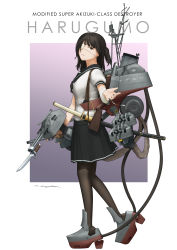 Rule 34 | 1girl, absurdres, bandaged arm, bandages, bayonet, black eyes, black hair, black pantyhose, black skirt, cannon, character name, commentary, commission, english commentary, eyepatch, from side, full body, grey background, grin, harugumo (ryan greythorn), highres, katana, looking at viewer, one side up, original, pantyhose, personification, pleated skirt, rigging, ryan greythorn, sailor collar, school uniform, serafuku, sheath, sheathed, signature, skirt, smile, solo, standing, sword, turret, weapon, white background, world of warships