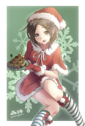 Rule 34 | 10s, 1girl, alternate costume, brown eyes, brown hair, christmas, food, gloves, hair ornament, hairclip, hat, kantai collection, kneehighs, kuroshio (kancolle), looking at viewer, morigami (morigami no yashiro), open mouth, plate, red gloves, santa costume, santa hat, socks, solo, striped clothes, striped socks, twitter username