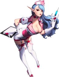 Rule 34 | 1girl, alternate costume, bent over, blue hair, breasts, chaos online, choker, cleavage, female focus, full body, garter straps, gloves, hat, high heels, highres, large breasts, lips, long hair, looking at viewer, love cacao, nurse, nurse cap, official art, parted lips, pointy ears, red eyes, reiden, solo, syringe, thighhighs, transparent background, white thighhighs