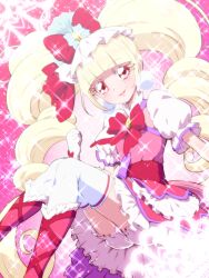 Rule 34 | 1girl, aisaki emiru, blonde hair, boots, bow, bowtie, cure macherie, curly hair, dress, frilled dress, frills, gloves, hugtto! precure, long hair, looking at viewer, magical girl, precure, red eyes, smile, sparkle, thighhighs, tj-type1, twintails, white gloves, white thighhighs
