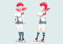Rule 34 | 1girl, blouse, blue shorts, breasts, buttons, covered erect nipples, creatures (company), full body, game freak, grey background, gym leader, hair ornament, hairpin, highres, ikataishogun (king squid), large breasts, matching hair/eyes, nintendo, open mouth, pale skin, pink eyes, pink hair, pokemon, pokemon hgss, shirt, short sleeves, shorts, simple background, socks, solo, twintails, white shirt, whitney (pokemon), wristband