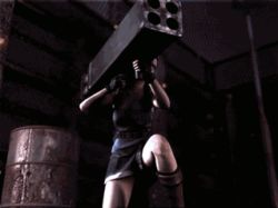 Rule 34 | 1girl, 3d, animated, animated gif, boots, breasts, cleavage, jill valentine, legs, lowres, miniskirt, on ground, resident evil, resident evil 3: nemesis, rocket launcher, short hair, sideboob, skirt, solo, standing, strapless, thigh boots, thighhighs, thighs, torn clothes, tube top, weapon