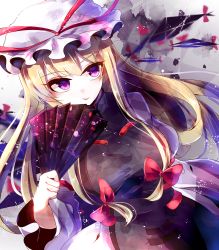 Rule 34 | 1girl, blonde hair, bow, dress, dutch angle, gap (touhou), gradient background, hair bow, hair ornament, hand fan, hat, hat ribbon, highres, itsumizu, long hair, long sleeves, looking to the side, mob cap, puffy sleeves, purple eyes, ribbon, smile, solo, tabard, touhou, upper body, wide sleeves, yakumo yukari