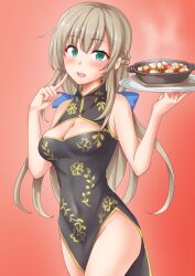Rule 34 | 1girl, alternate costume, anti (untea9), black dress, blonde hair, blue bow, bow, breasts, china dress, chinese clothes, cleavage, dress, food, green eyes, highres, kantai collection, light brown hair, long hair, looking at viewer, low twintails, mapo tofu, maryland (kancolle), medium breasts, pelvic curtain, solo, tray, twintails, waitress