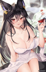 Rule 34 | 1girl, animal ears, black hair, blurry, blurry background, breasts, choko (cup), cleavage, collarbone, covered navel, covering privates, crossed bangs, cup, erune, flower, granblue fantasy, hair between eyes, hair ornament, highres, holding, holding cup, ilsa (granblue fantasy), ilsa (yukata) (granblue fantasy), large breasts, looking at viewer, nude cover, onsen, open mouth, red eyes, red flower, sitting, smile, solo, steam, towel, twitter username, white towel, yuntae