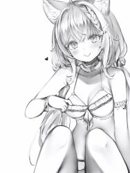 Rule 34 | 1girl, :p, absurdres, adjusting clothes, adjusting swimsuit, animal ear fluff, animal ears, asymmetrical bangs, bare legs, bare shoulders, bikini, braid, braided bangs, breasts, collarbone, hair between eyes, hair ornament, hair scrunchie, hakui koyori, hakui koyori (summer), heart, highres, hololive, large breasts, light blush, long hair, looking at viewer, low twintails, nanashi (nlo), scrunchie, simple background, sitting, smile, solo, swimsuit, tongue, tongue out, twintails, virtual youtuber, wolf ears, wolf girl