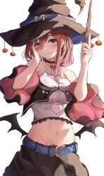 Rule 34 | 1girl, absurdres, alternate costume, arm up, bare shoulders, bat wings, belt, black choker, black headwear, black skirt, blue belt, blue eyes, blush, breasts, choker, closed mouth, clothing cutout, commentary request, cowboy shot, crop top, detached sleeves, facing viewer, fake wings, go-toubun no hanayome, hair between eyes, halloween, hand on own cheek, hand on own face, hat, heart cutout, highres, holding, holding wand, index finger raised, large breasts, long hair, low wings, nakano miku, navel, pumpkin, raikun raikun, red hair, shirt, simple background, skirt, sleeveless, sleeveless shirt, smile, standing, stomach, wand, white background, white shirt, wide sleeves, wings, witch hat