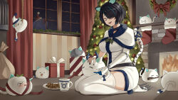 Rule 34 | 1boy, 1girl, absurdres, alternate costume, alternate headwear, android, box, breasts, character request, chocolate chip cookie, christmas, christmas lights, christmas ornaments, christmas stocking, christmas tree, cookie, cup, erina makina, fireplace, fish boy, fish head, food, fur trim, gift, gift box, highres, indoors, large breasts, mchiefy, mechanical arms, night, night sky, one eye covered, phase connect, santa costume, single mechanical arm, sky, tail, tiger tail, virtual youtuber