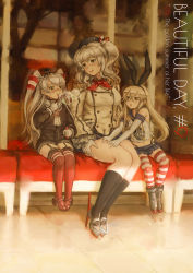 Rule 34 | 10s, 3girls, amatsukaze (kancolle), anchor, anchor hair ornament, bench, beret, blonde hair, bubble, blowing bubbles, choker, commentary, crop top, dress, elbow gloves, english text, epaulettes, frilled sleeves, frills, garter straps, gloves, hair ornament, hair tubes, hairband, hat, highleg, highleg panties, highres, kantai collection, kashima (kancolle), kuon (kwonchanji), lifebuoy, long hair, microskirt, military, military uniform, multiple girls, open mouth, panties, reflection, sailor collar, sailor dress, scarf, shimakaze (kancolle), shoes, short dress, sidelocks, silver hair, sitting, skirt, smile, striped clothes, striped legwear, striped thighhighs, swim ring, text focus, thighhighs, twintails, two side up, underwear, uniform, wavy hair, white gloves